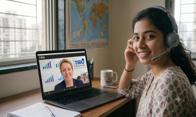 A student on a video call with a TIRO counsellor